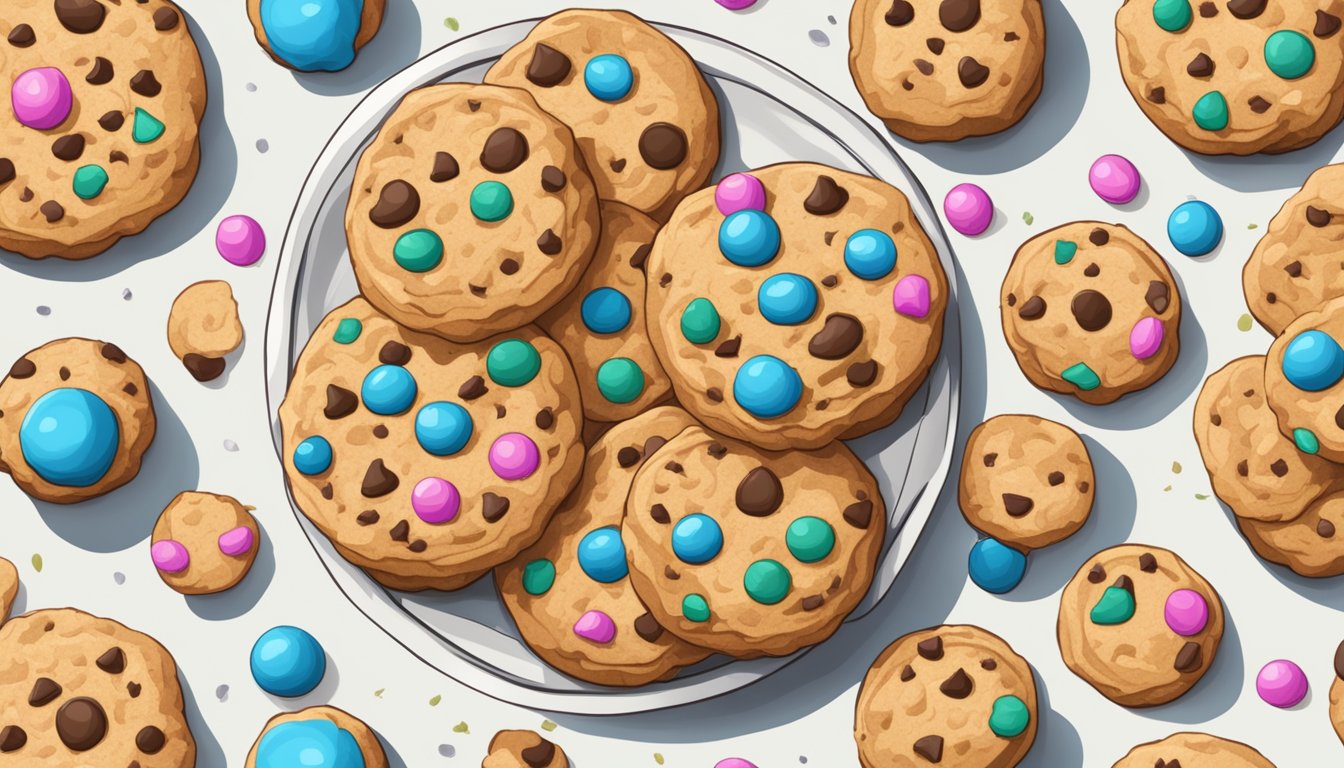 A plate of protein cookies with hidden unhealthy ingredients scattered around them