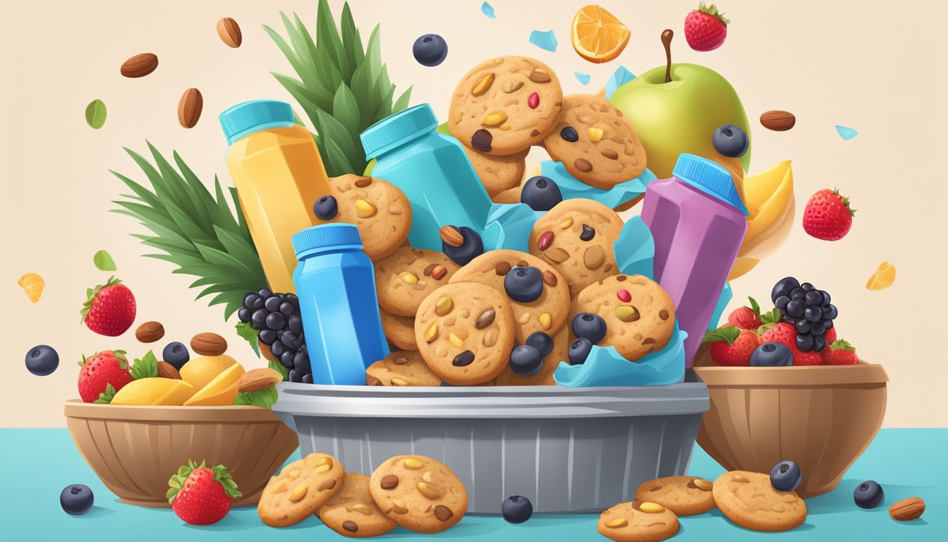 A plate of protein cookies being thrown into a trash can, surrounded by fresh fruits and nuts