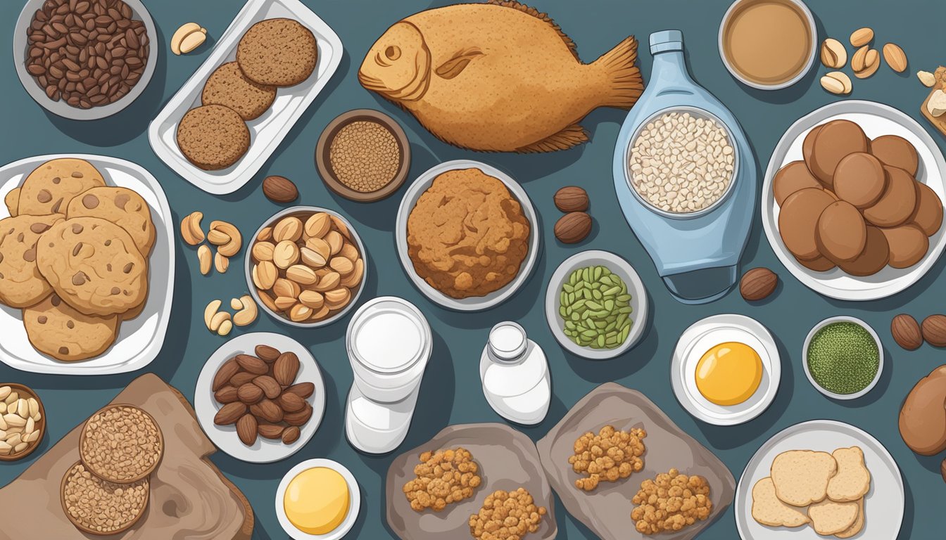 A variety of protein-rich foods displayed on a table, including lean meats, fish, eggs, nuts, and seeds. A plate of protein cookies sits off to the side, labeled as unhealthy