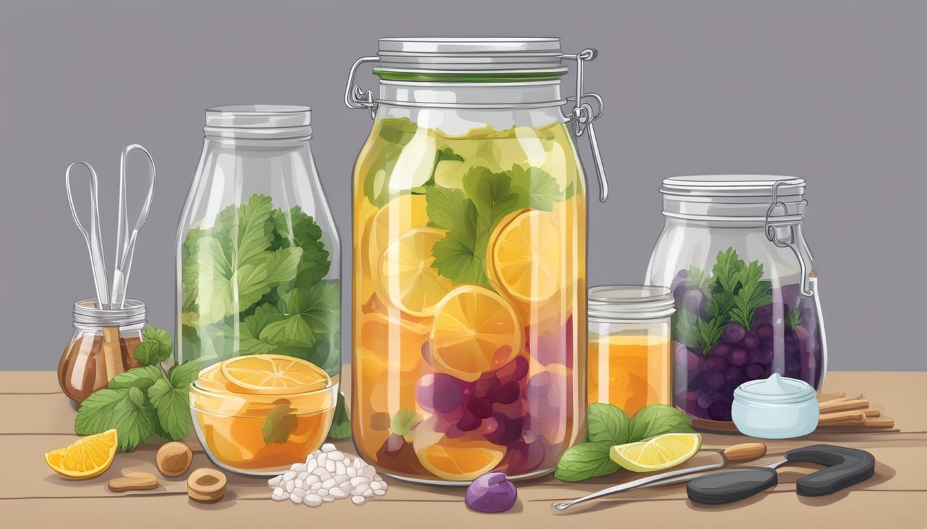 A glass jar filled with fermenting kombucha, surrounded by various ingredients and tools for the DIY process