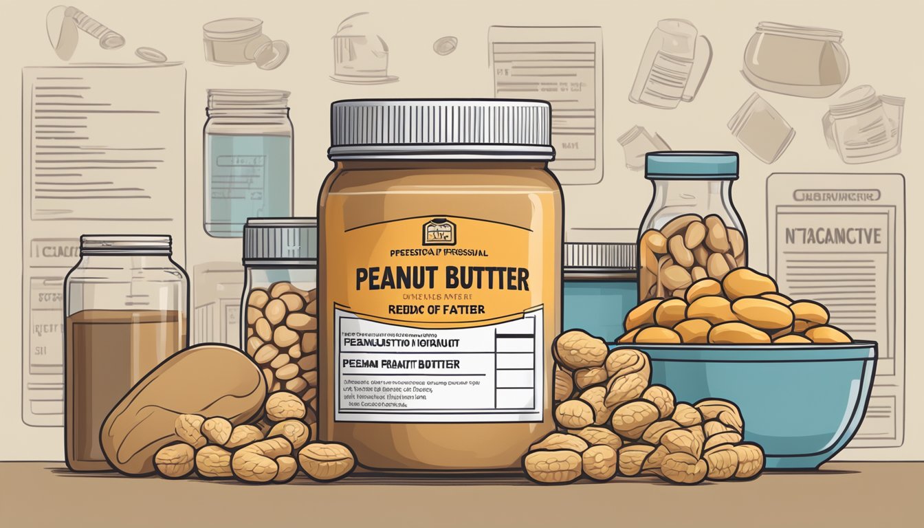 A jar of reduced-fat peanut butter surrounded by unhealthy processed ingredients and a warning label