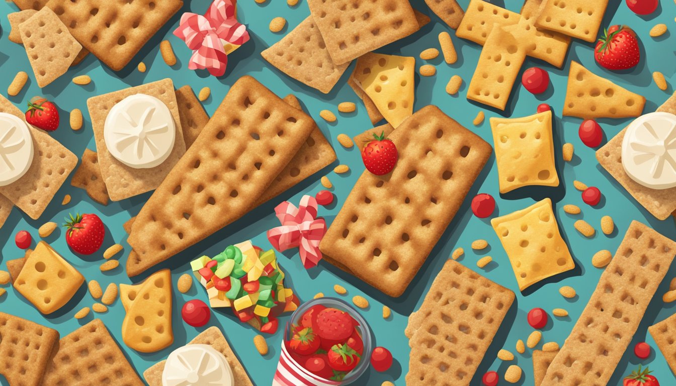 A pile of whole wheat crackers surrounded by unhealthy food items, with a red "X" over them