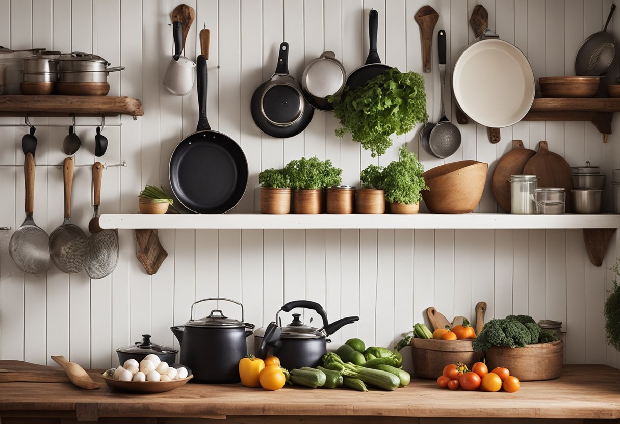 A cozy kitchen with white bead board walls, vintage farmhouse decor, hanging pots and pans, and a rustic wooden table with fresh produce