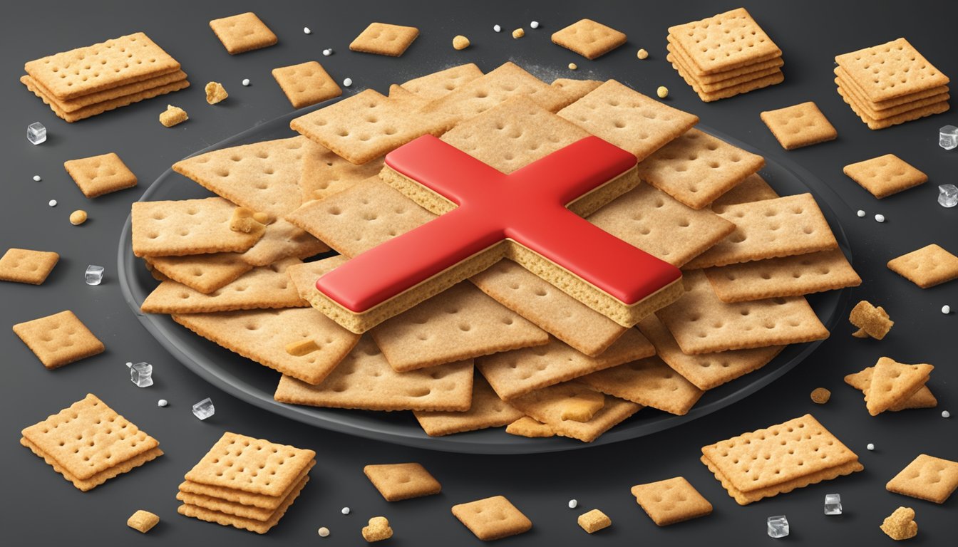 A pile of whole wheat crackers surrounded by various chemical additives and hidden ingredients, with a large red "X" over the crackers