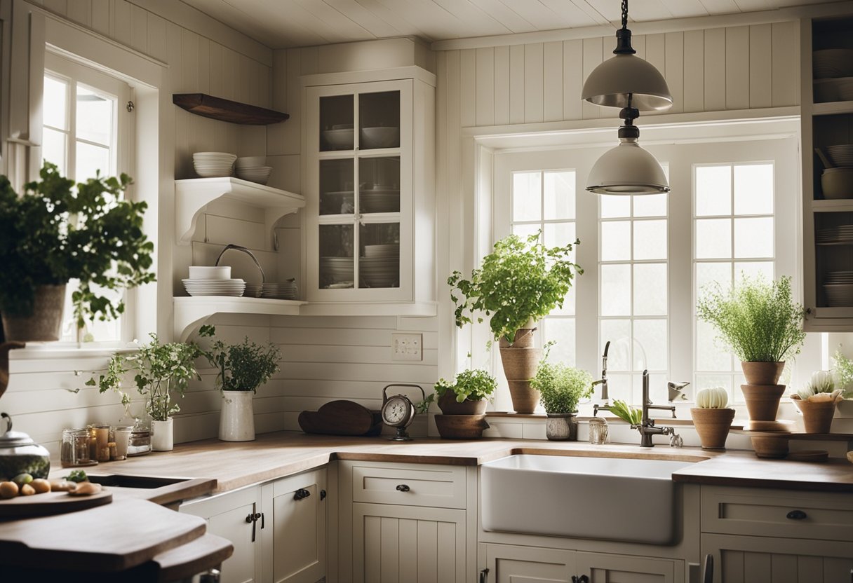 A cozy kitchen with white bead board walls, vintage decor, a farmhouse sink, and natural light streaming in through the windows