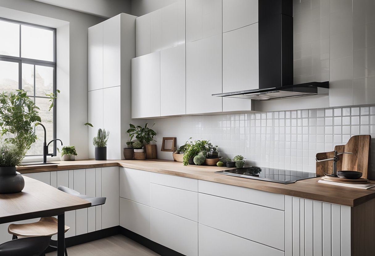 A sleek, modern kitchen with white bead board walls, clean lines, and minimalistic decor