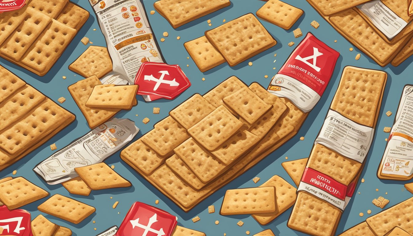 A pile of whole wheat crackers surrounded by warning signs and symbols of health risks, with a red X over them