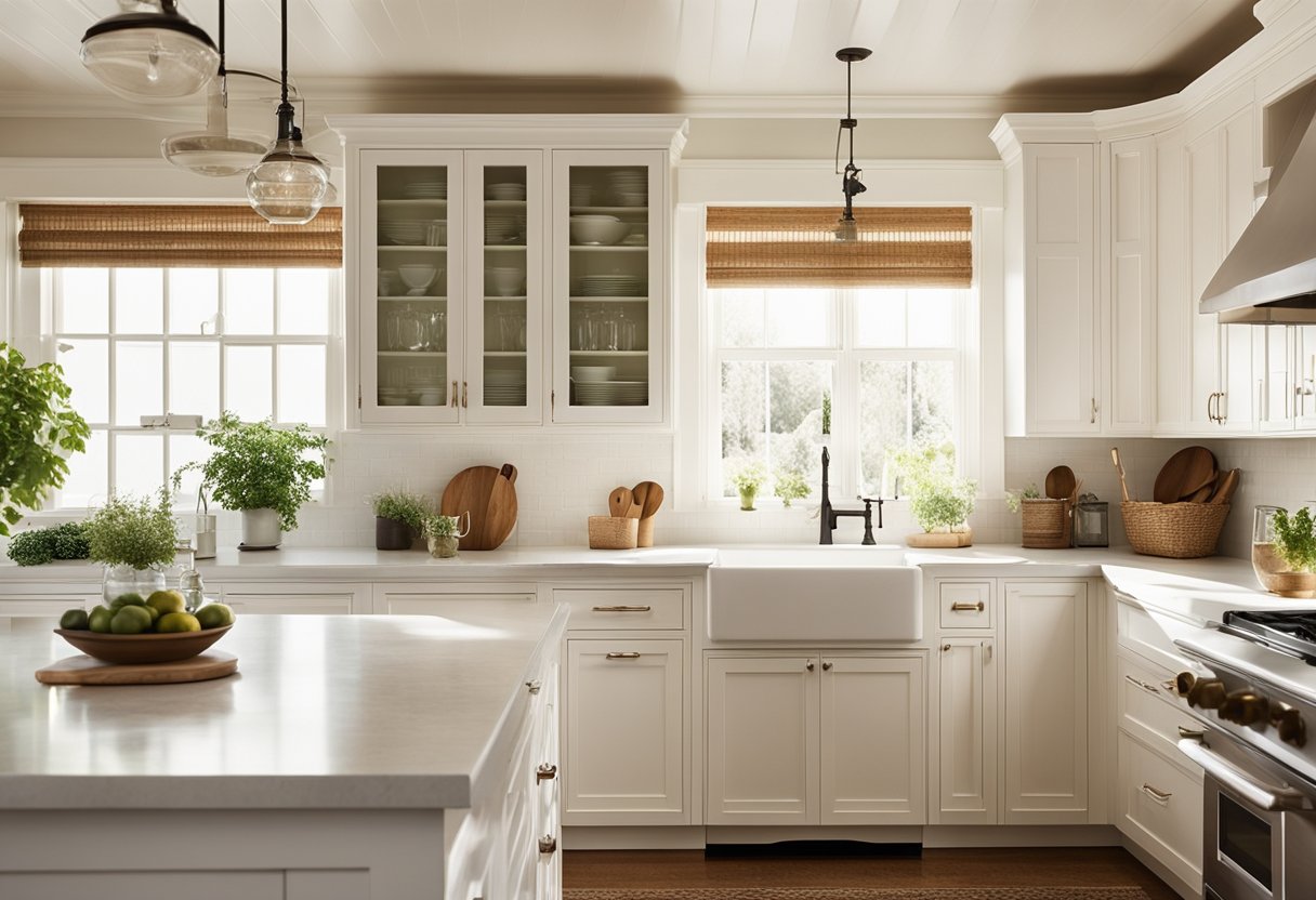 A bright, airy kitchen with white bead board walls, classic cabinetry, and elegant decor. Sunlight streams in through the windows, casting a warm glow over the space