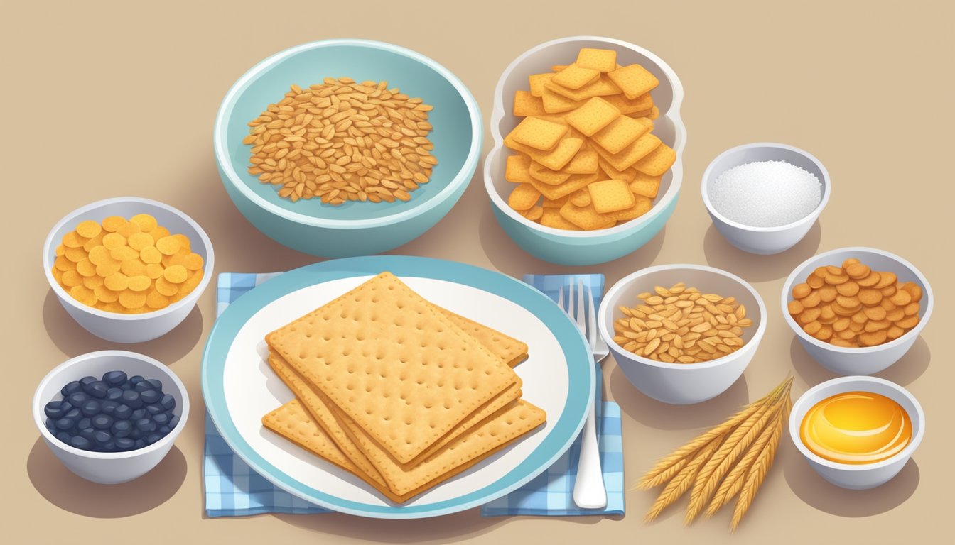 A table with a plate of whole wheat crackers next to a pile of unhealthy processed ingredients like sugar, hydrogenated oils, and artificial flavors