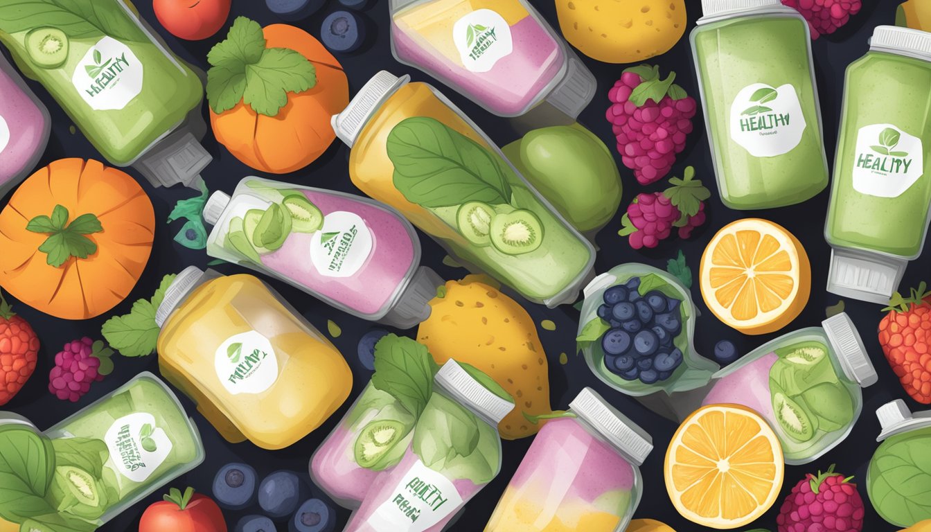 A pile of discarded packaged smoothie containers surrounded by wilted fruits and vegetables, with a label reading "healthy" peeling off one of the containers