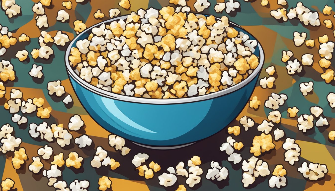 A bowl of colorful, artificially flavored popcorn sits next to a pile of fresh, plain popcorn kernels. The contrast highlights the difference between unhealthy and healthy snack options