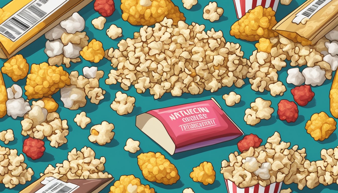 A pile of colorful, artificially flavored popcorn sits next to a warning label and a pile of unhealthy ingredients