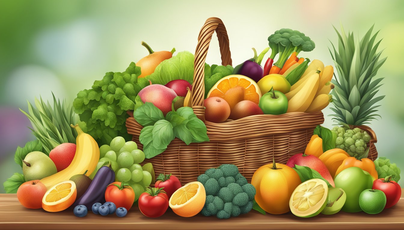 A vibrant array of fresh fruits and vegetables spilling out of a wicker basket, surrounded by a variety of whole foods and natural ingredients