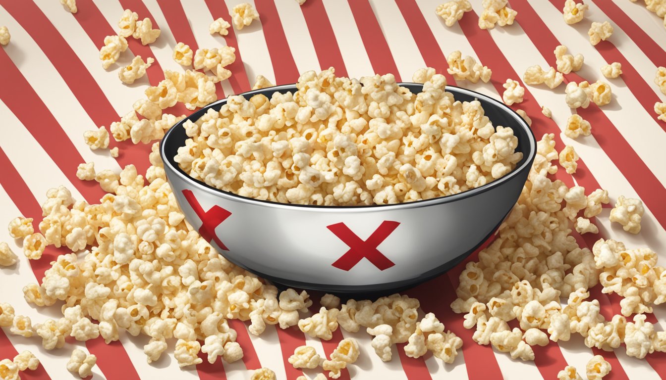 A bowl of buttery, artificially flavored popcorn sits next to a pile of fresh, unseasoned kernels. A red "X" marks the flavored popcorn