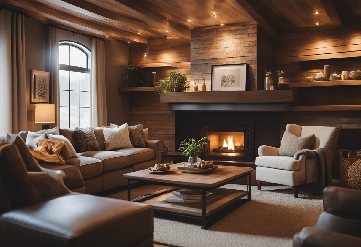 A cozy living room with bead board walls, a crackling fireplace, comfortable seating, and warm lighting