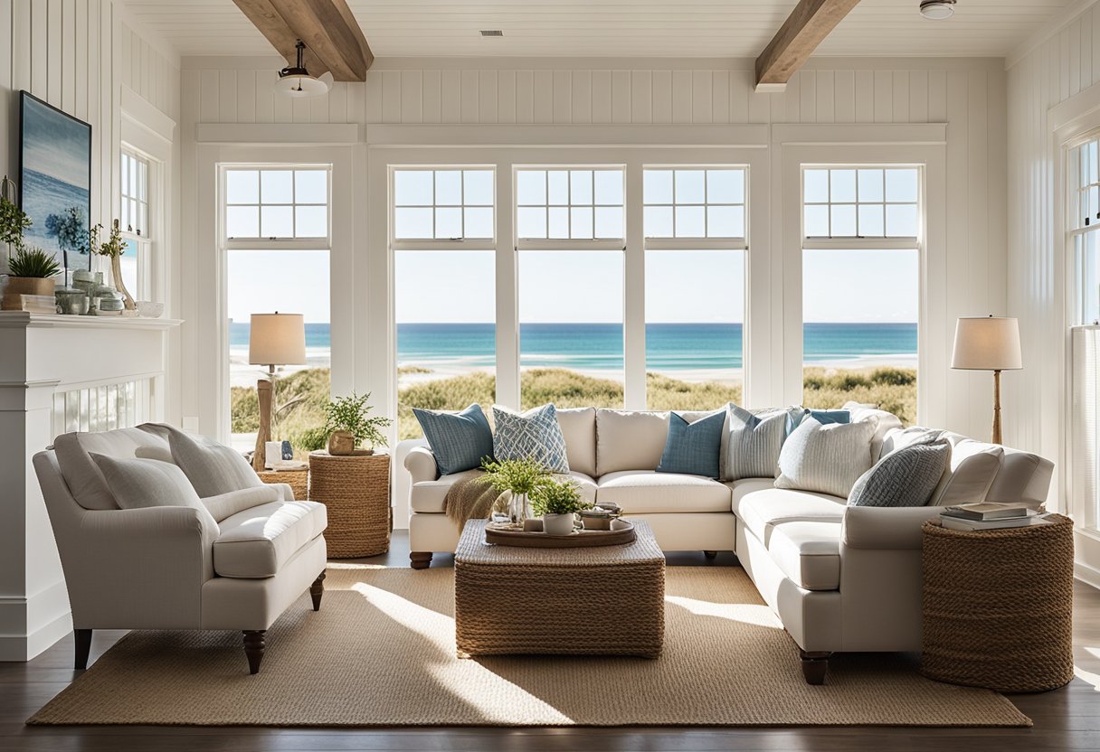 A cozy living room with white bead board walls, adorned with shiplap accents and coastal decor. Sunlight streams through the windows, casting a warm glow on the inviting space