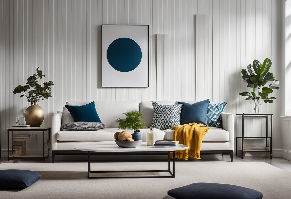 A living room with sleek, white painted beadboard walls, minimalist furniture, and pops of color in the decor for a modern, clean look