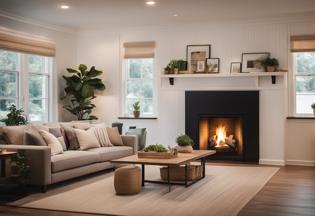 A cozy living room with white beadboard walls, a fireplace, comfy furniture, and soft, warm lighting