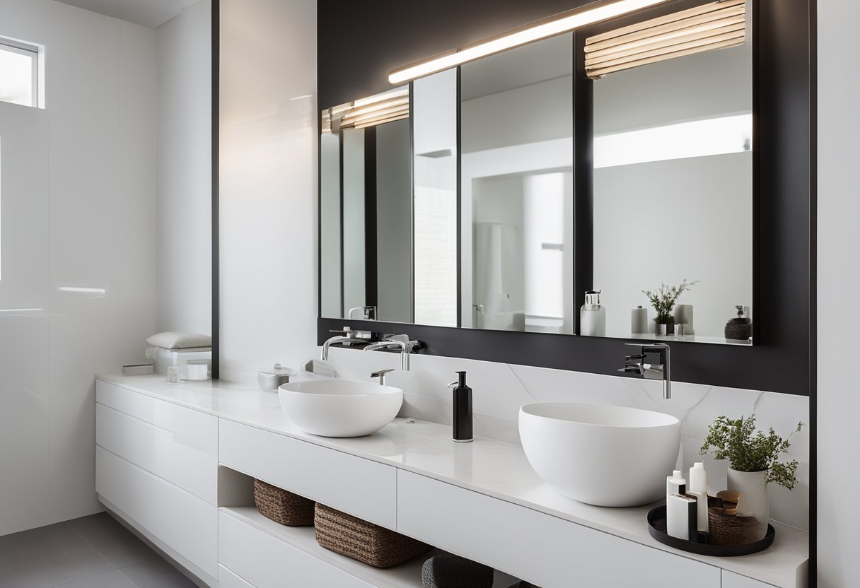 A clean, white bathroom with sleek, modern fixtures and minimal decor. A large mirror reflects the simple, elegant design