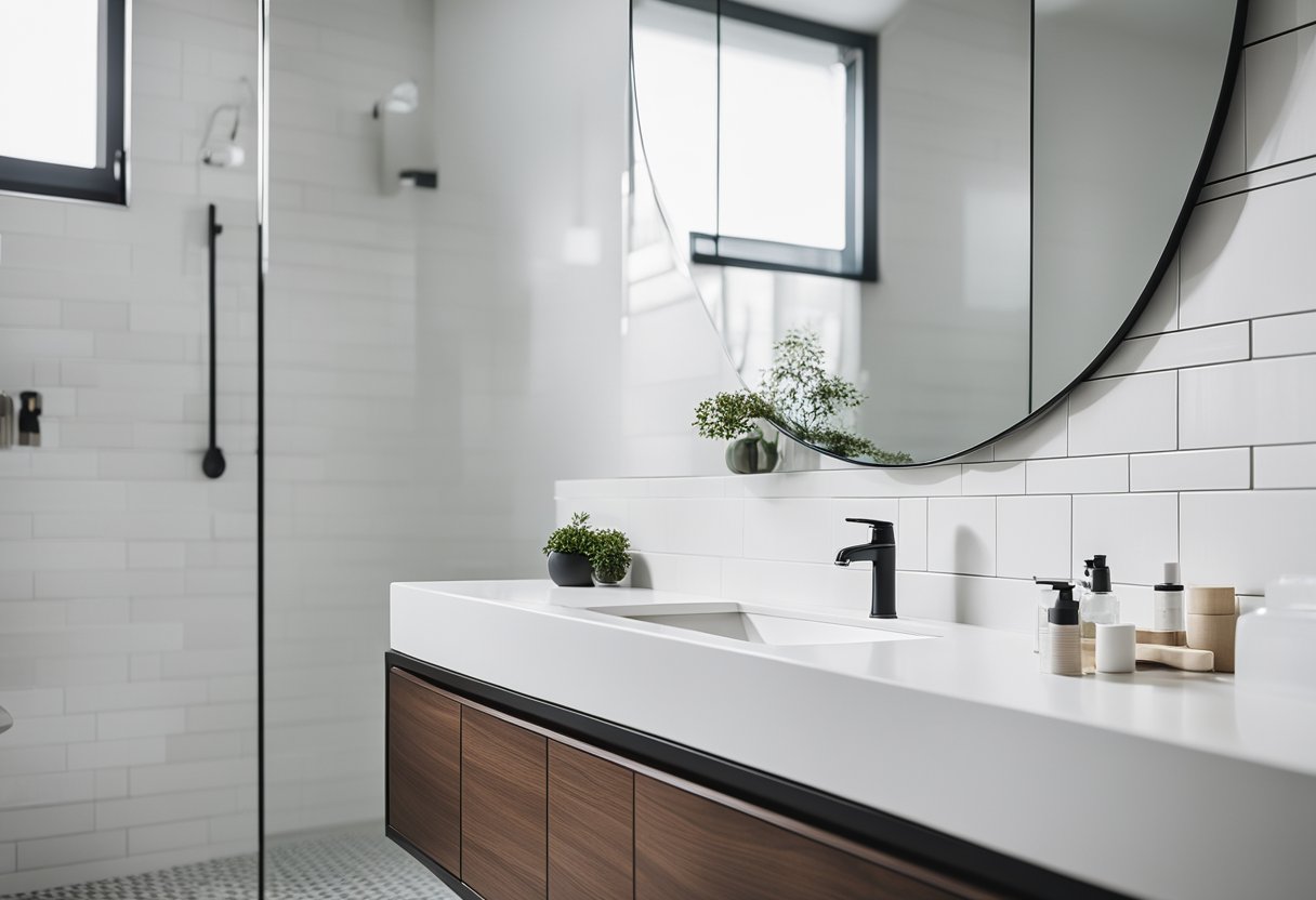 A sleek, floating vanity with integrated storage sits against a backdrop of clean, white tiles in a minimalist bathroom