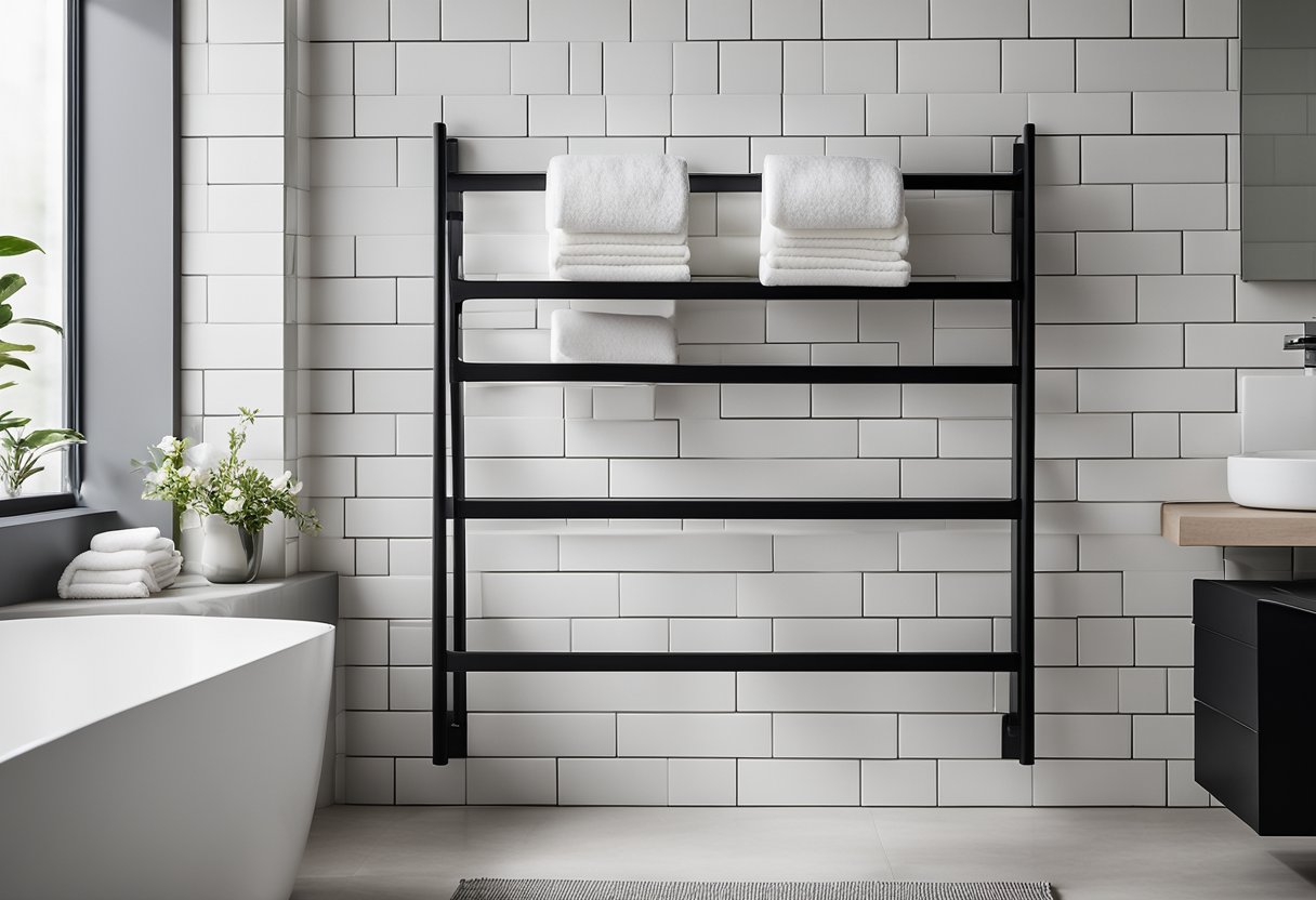 A sleek, ladder-style towel rack stands against a white tiled wall in a modern, minimalist bathroom. The rack is adorned with neatly folded, monochromatic towels, adding a touch of simplicity and functionality to the space