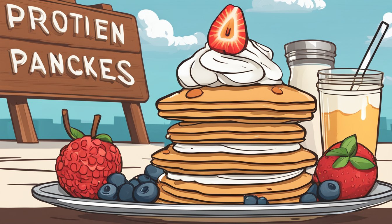 A stack of protein pancakes surrounded by fresh fruit and a dollop of whipped cream, with a sign reading "Protein Pancakes" next to a warning sign with a red X over it