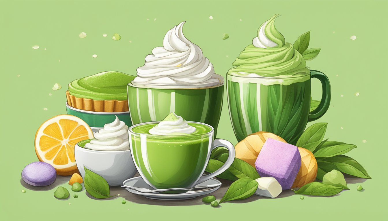 A cup of matcha latte surrounded by unhealthy ingredients like sugar and whipped cream, with a contrasting image of a plain matcha tea with no added ingredients