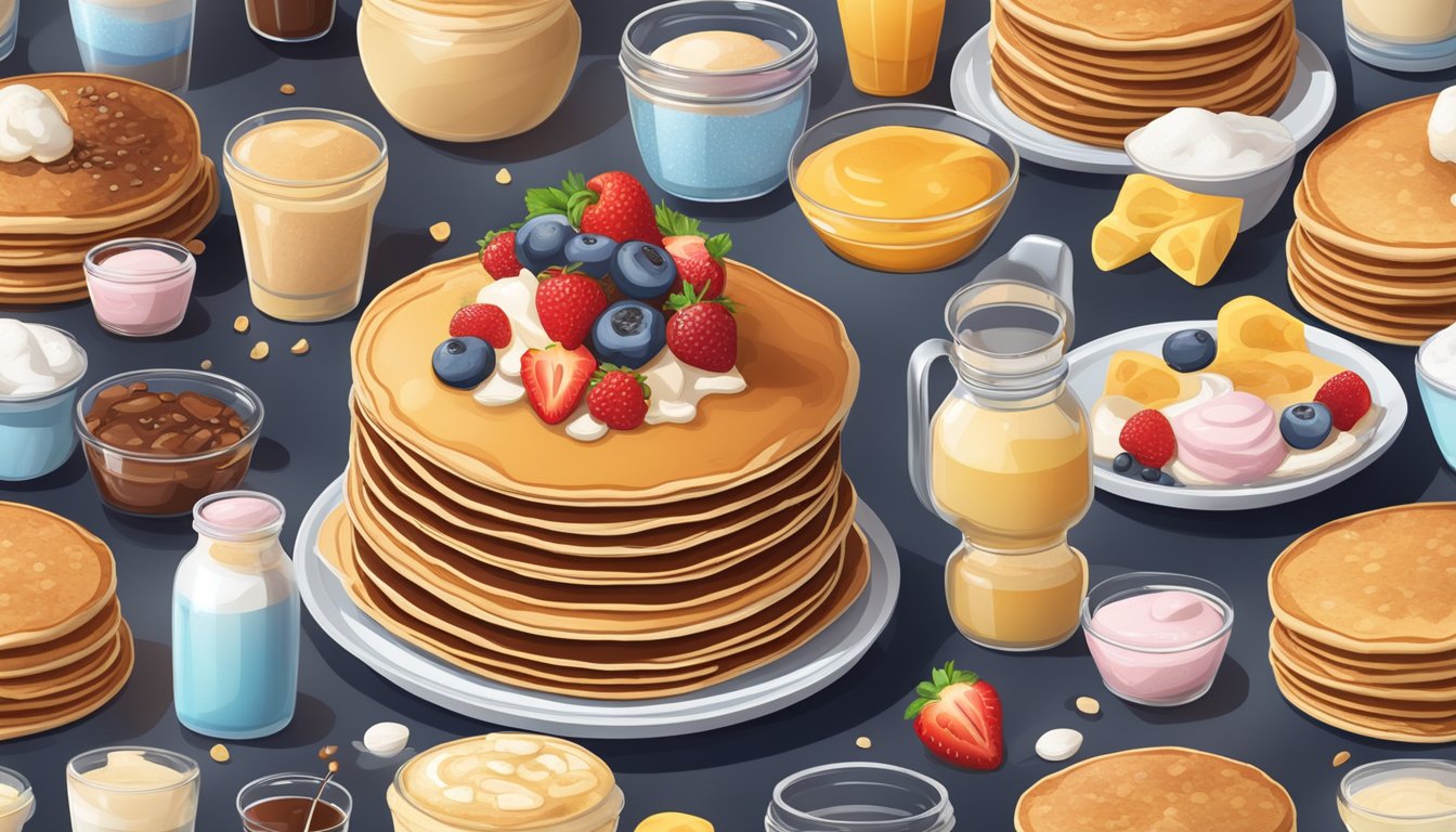 A stack of protein pancakes surrounded by unhealthy processed ingredients like sugar, syrup, and artificial toppings