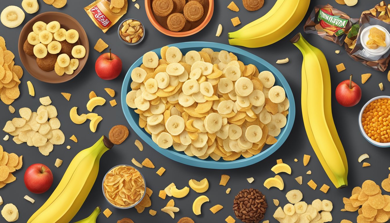 A pile of banana chips surrounded by a variety of unhealthy food items, with a red "X" over the banana chips