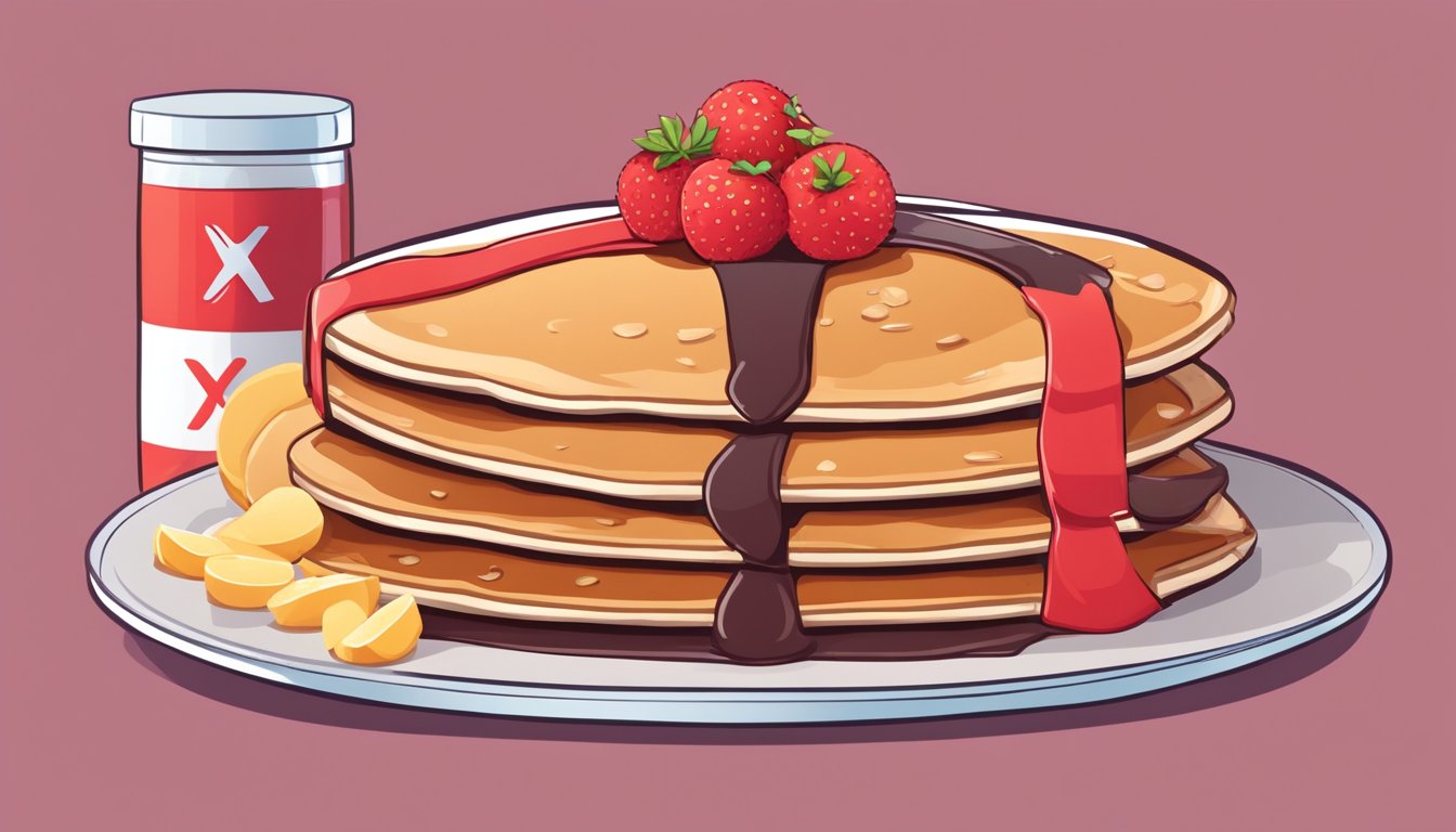 A stack of protein pancakes surrounded by unhealthy processed ingredients, with a red "X" over them to indicate their lack of healthiness