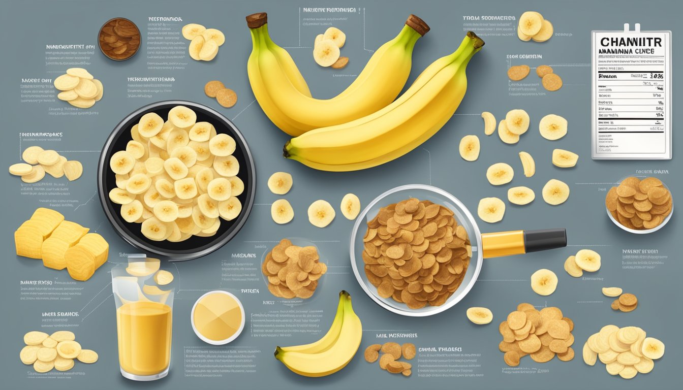 A table with various types of banana chips spread out, surrounded by nutritional labels and a magnifying glass examining the ingredients