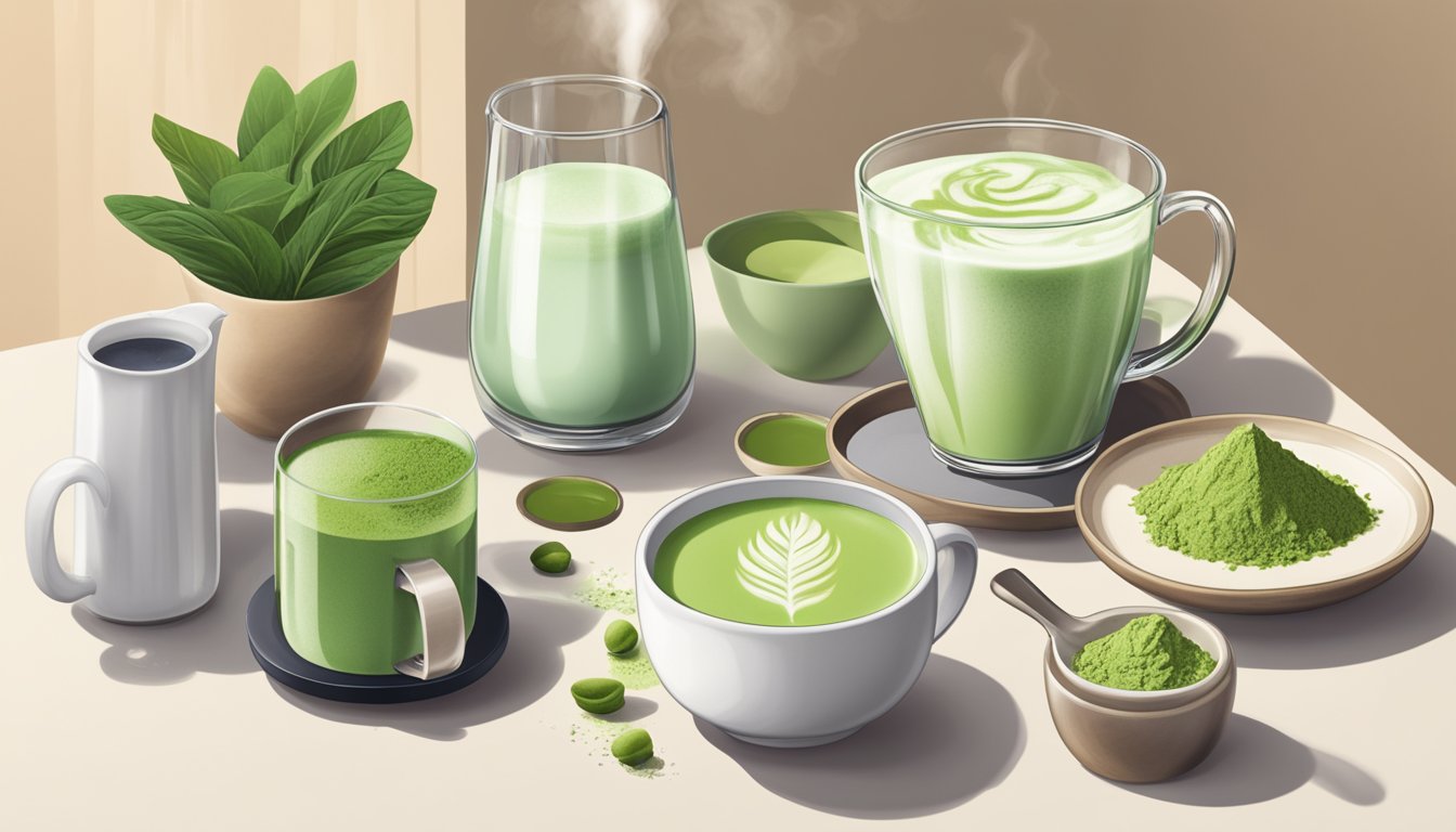 A steaming cup of matcha latte surrounded by vibrant green matcha powder, a frother, and a selection of plant-based milk options on a clean, modern kitchen counter