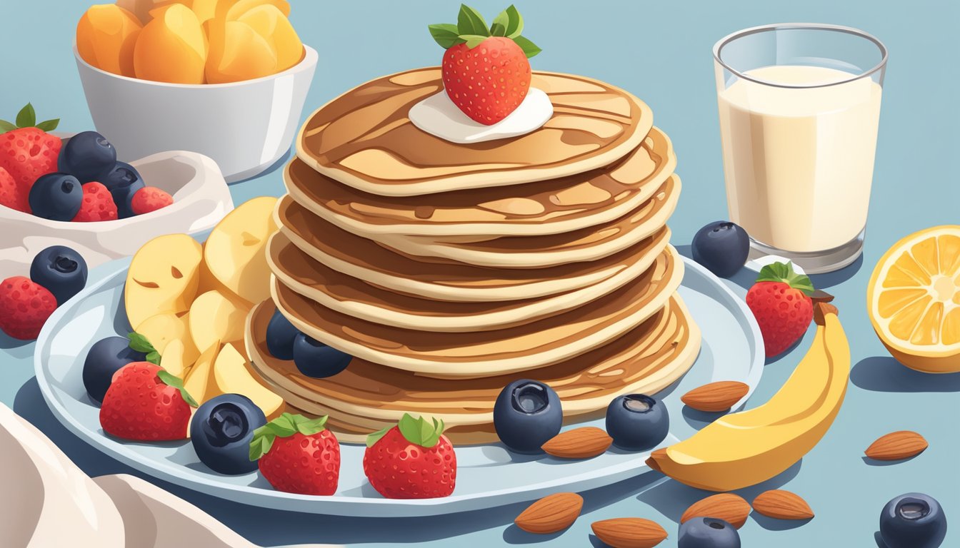 A stack of protein pancakes surrounded by fresh fruit, nuts, and a glass of almond milk