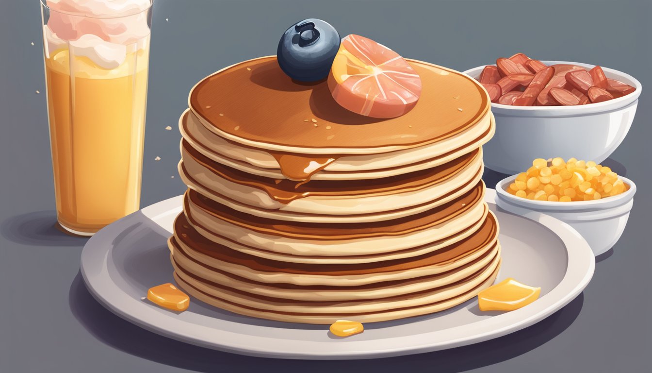 A stack of protein pancakes surrounded by sugary toppings and a side of processed meats, with a glass of sugary syrup on the side