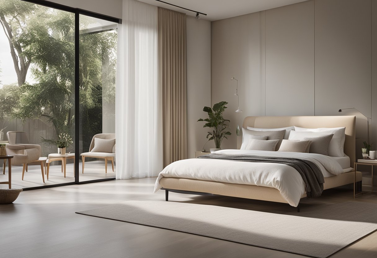 A serene bedroom with a simple bed, clean lines, neutral colors, and minimal decor. A large window brings in natural light, creating a peaceful atmosphere