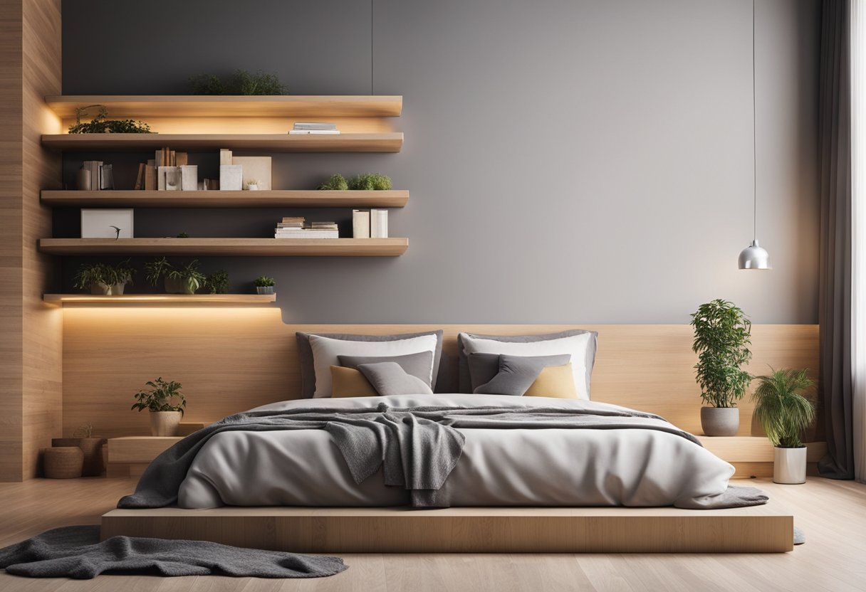 A bedroom with floating wooden shelves, simple decor, and minimalistic design