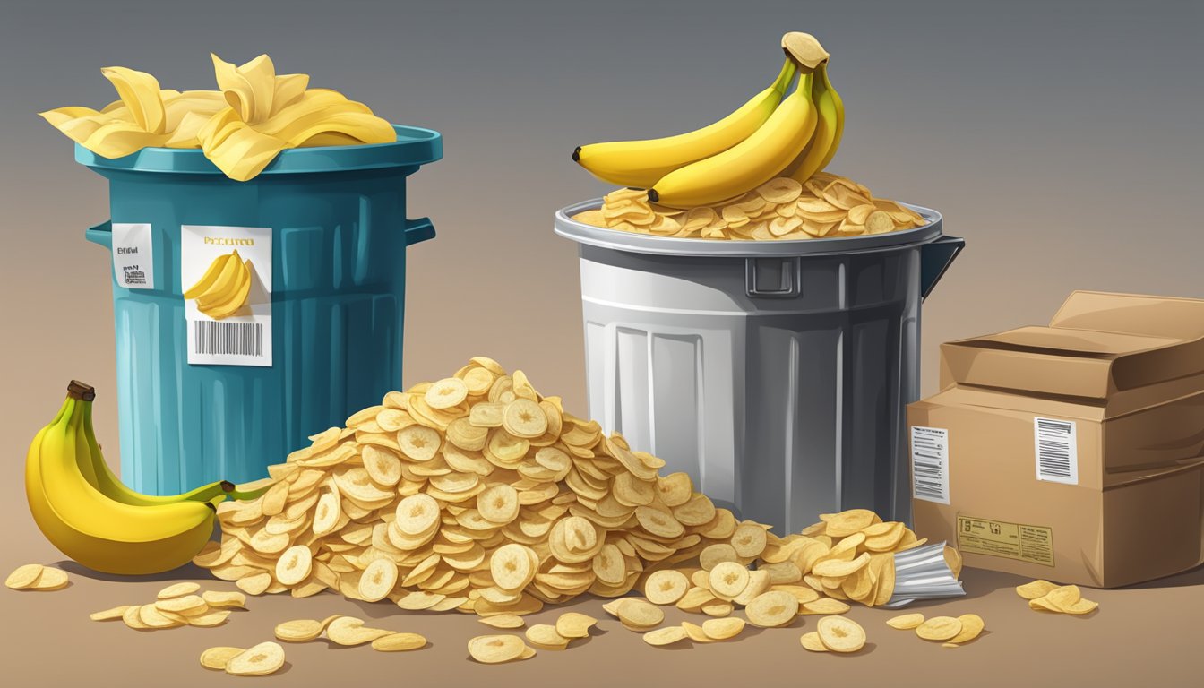 A pile of banana chips next to a wilted banana, a nutrition label, and a garbage can