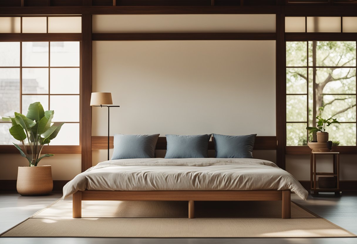 A low, wooden Japanese futon bed sits in the center of a minimalist bedroom with clean lines, neutral colors, and sparse decor