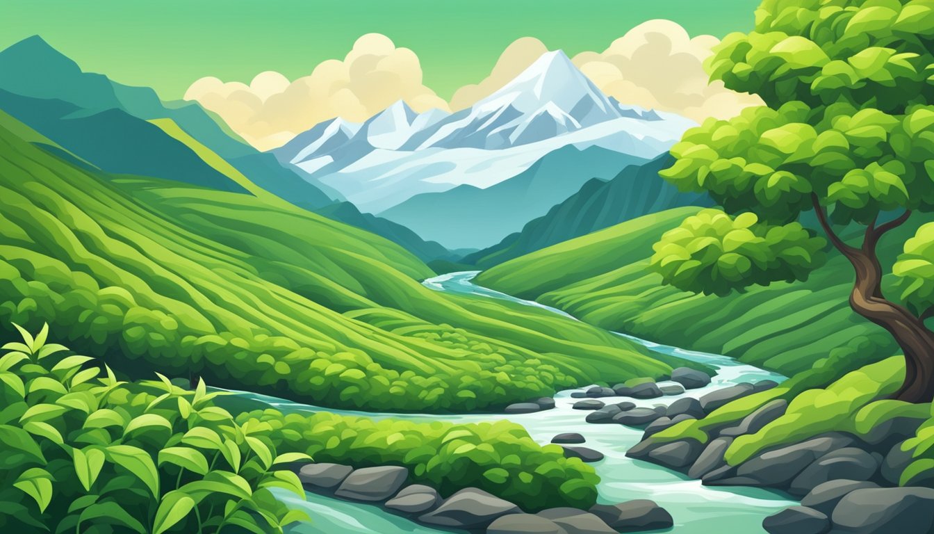 A lush green tea plant with vibrant leaves, surrounded by mountains and a flowing stream