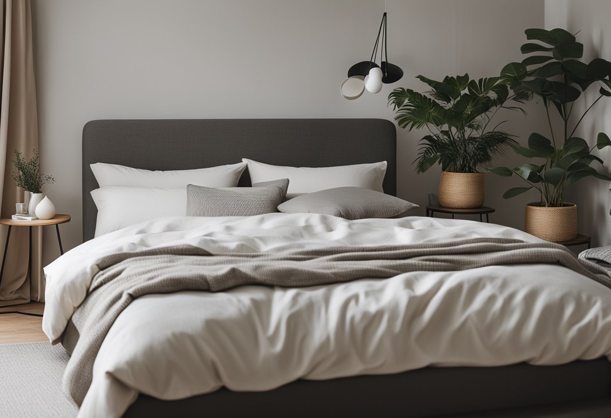 A cozy bedroom with cotton linen bedding, featuring minimalistic decor and clean lines