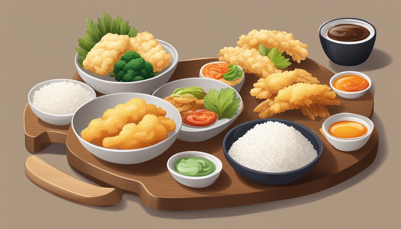 A variety of unhealthy ingredients such as white rice, sugary sauces, and fried tempura fillings are laid out on a cutting board