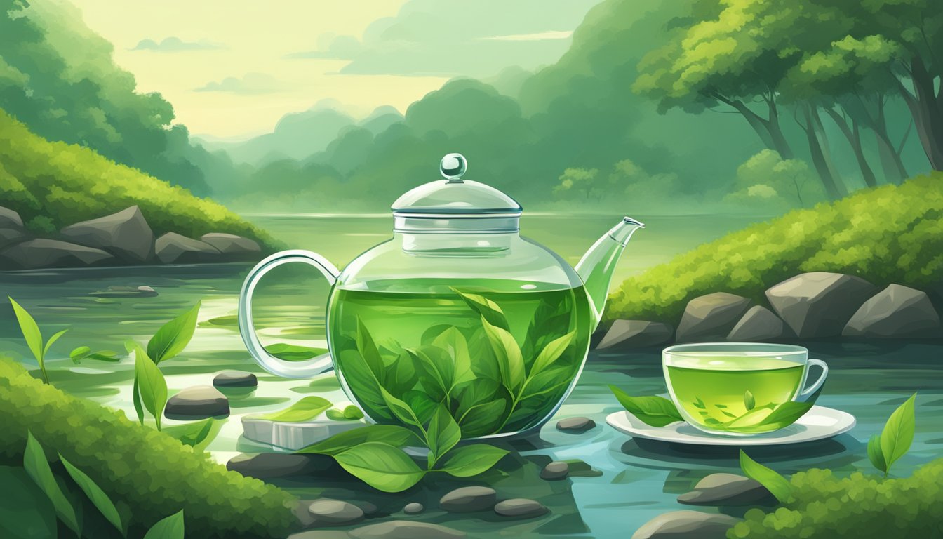 A pile of discarded plastic bottles of green tea next to a polluted river, contrasted with a serene scene of fresh green tea leaves being brewed in a traditional teapot