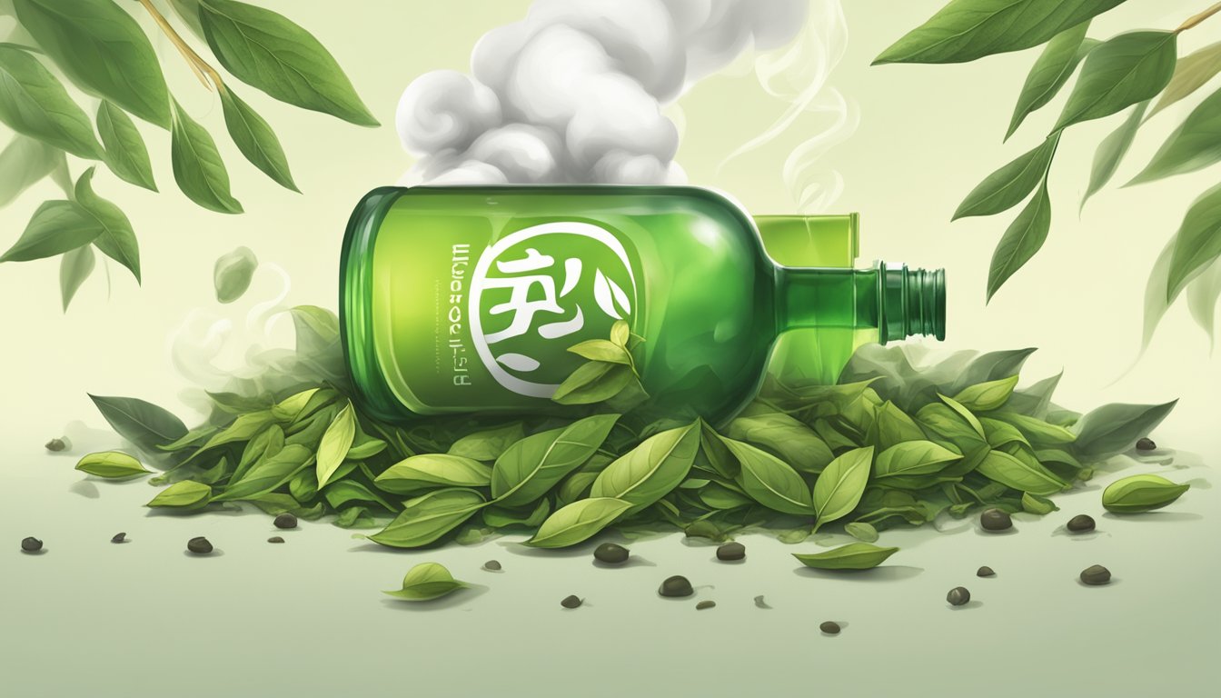 A pile of discarded plastic bottles labeled as "green tea" surrounded by wilted and browning tea leaves, with a cloud of smoke symbolizing the misconception of health