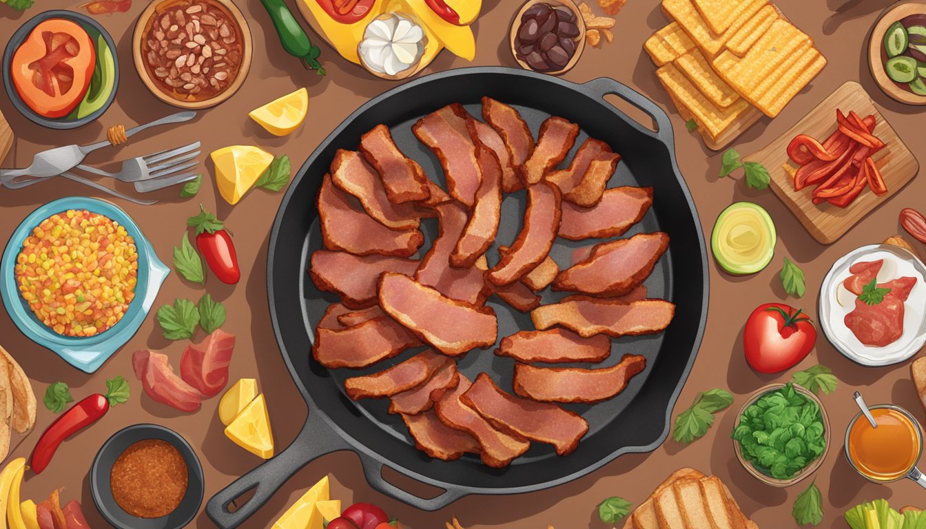 A sizzling skillet of turkey bacon surrounded by various unhealthy food items, with a red "X" over the bacon