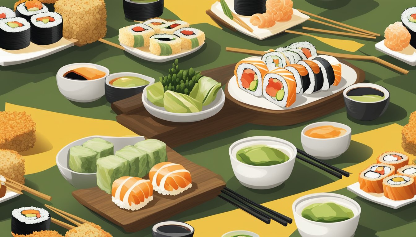 A table set with an assortment of sushi rolls, including tempura and cream cheese-filled options. Sliced ginger and wasabi accompany the rolls, with chopsticks resting on a bamboo mat