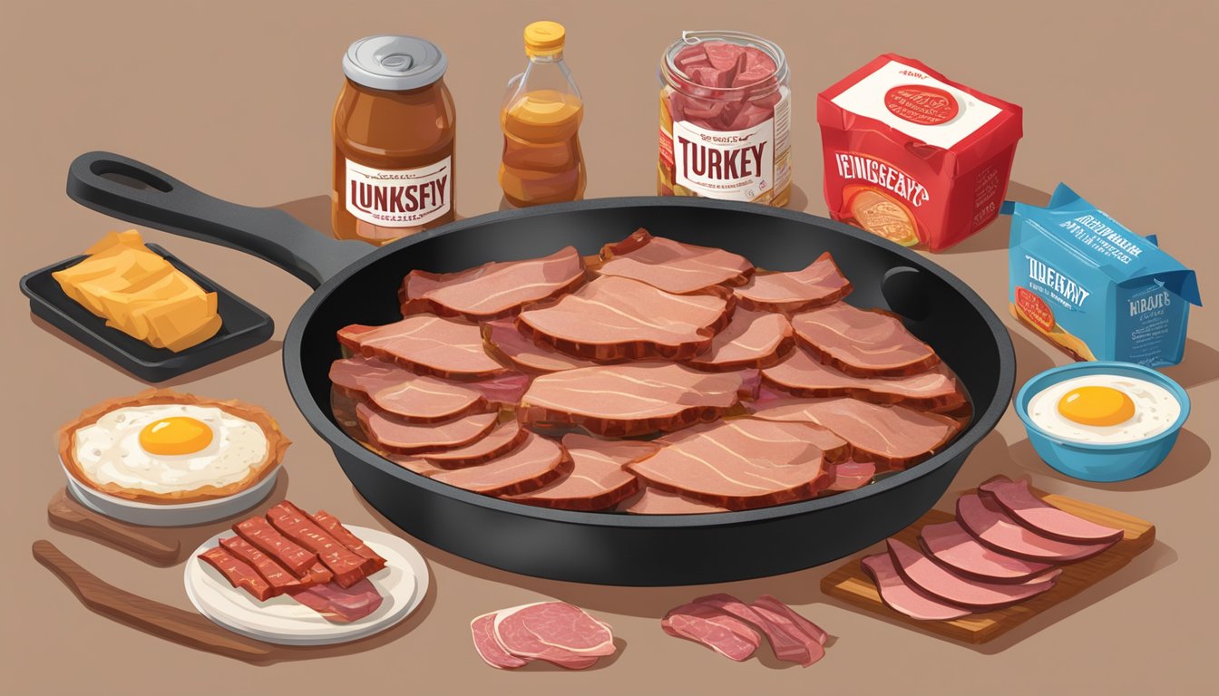 A sizzling skillet with turkey bacon surrounded by processed meat packaging and a red "unhealthy" label