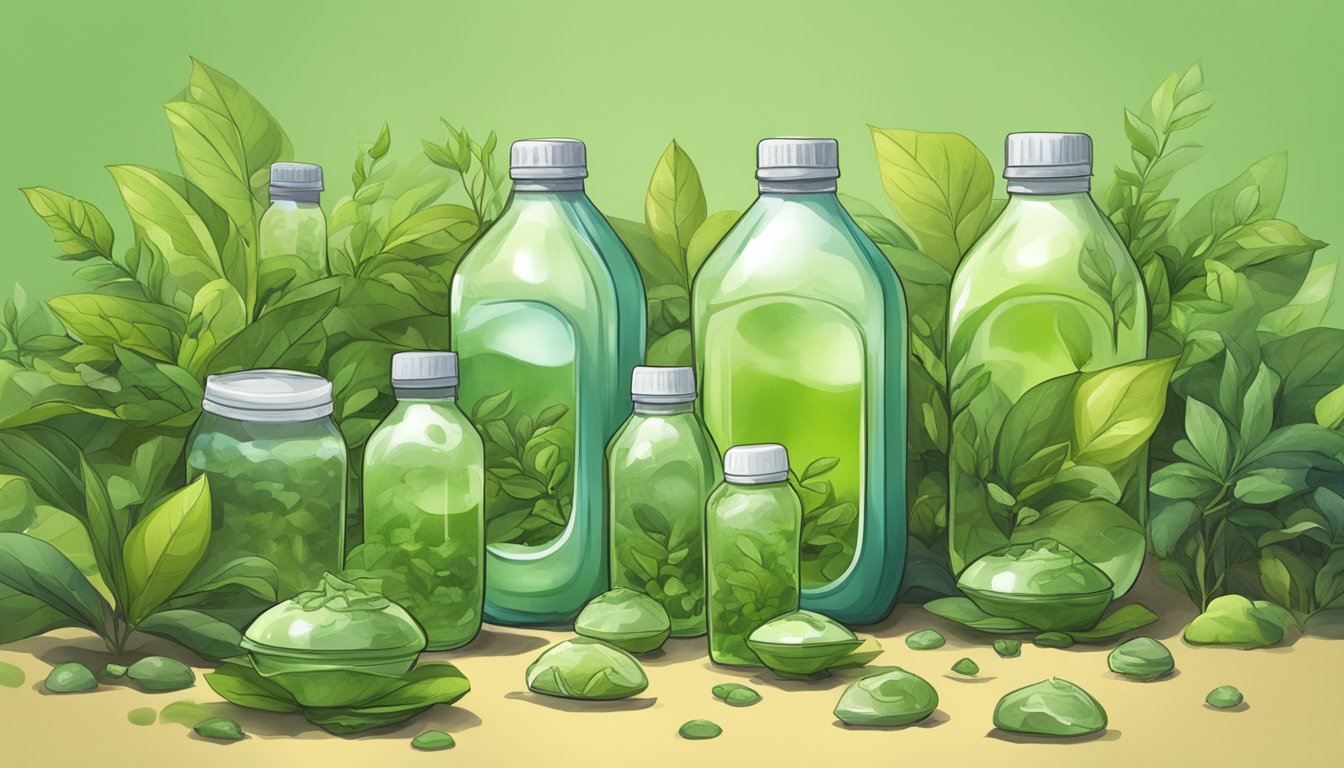 A pile of discarded plastic bottles of green tea surrounded by wilted and unhealthy looking plants