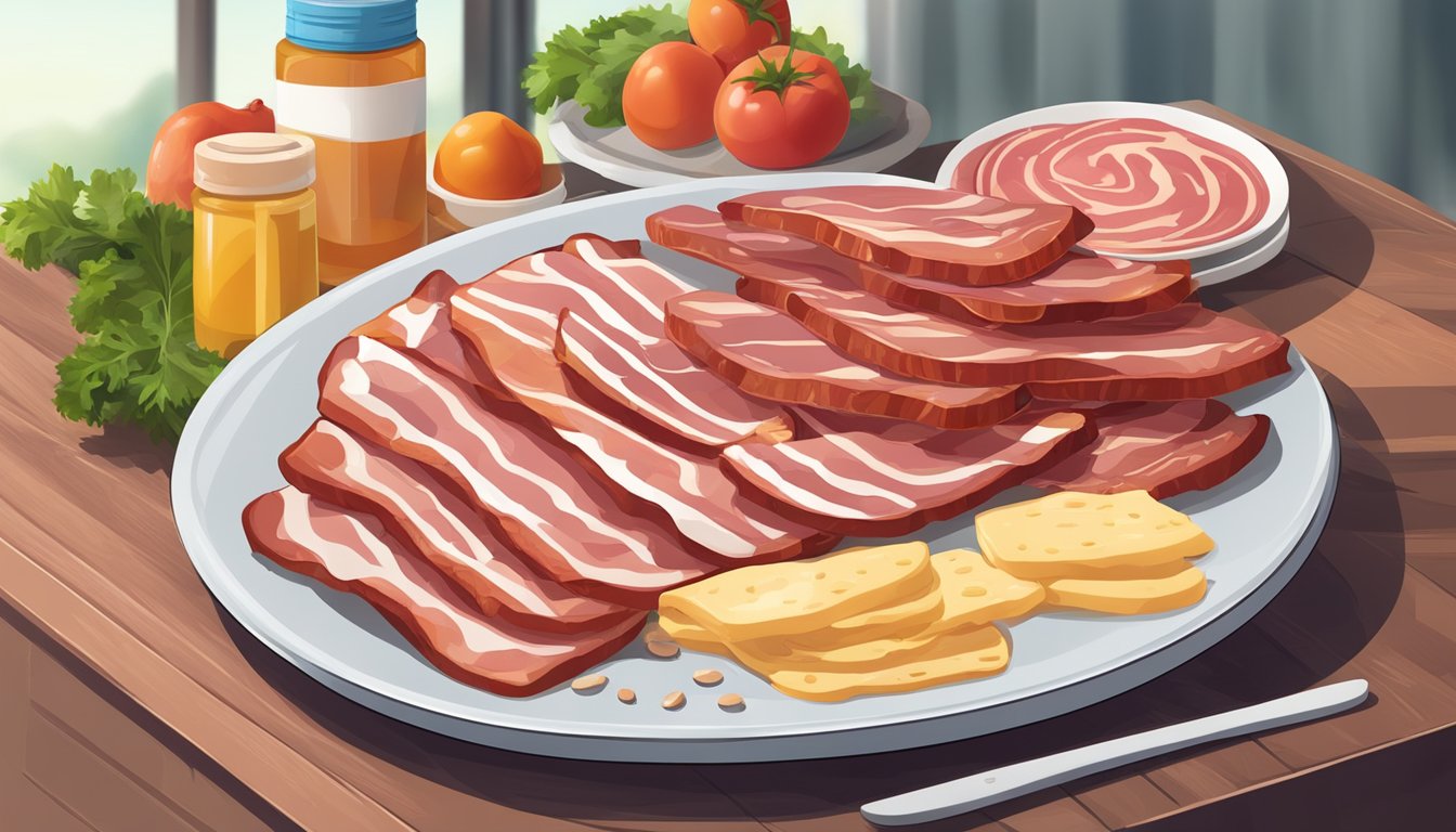 A plate with turkey bacon next to a pile of unhealthy processed ingredients like preservatives and additives