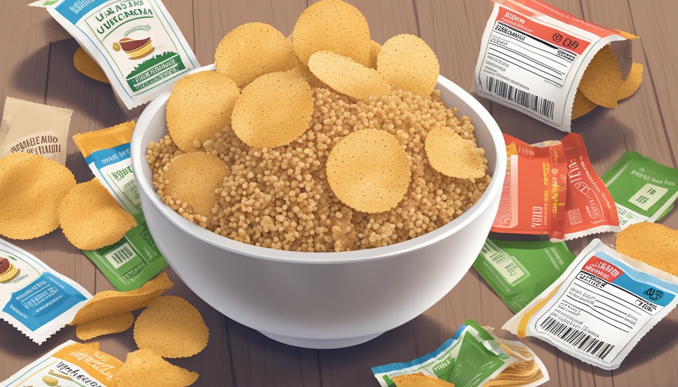 A bowl of quinoa chips surrounded by nutrition labels and a red "unhealthy" stamp