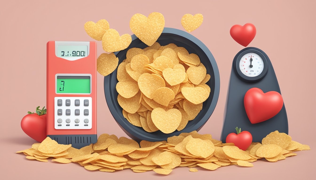 A pile of quinoa chips sits next to a heart rate monitor and a scale, with a red "unhealthy" label crossed over the chips